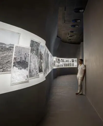 The Aatma Manthan Museum in Rajasthan features a curved gallery wall where historical photographs guide visitors on a journey of self-reflection.