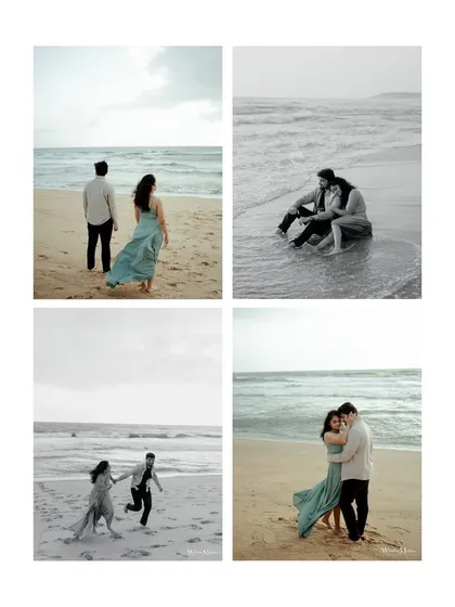 A four-panel story of a couple's day at the beach in Goa. It moves from looking out at the sea to playful runs and quiet moments, capturing a complete narrative.