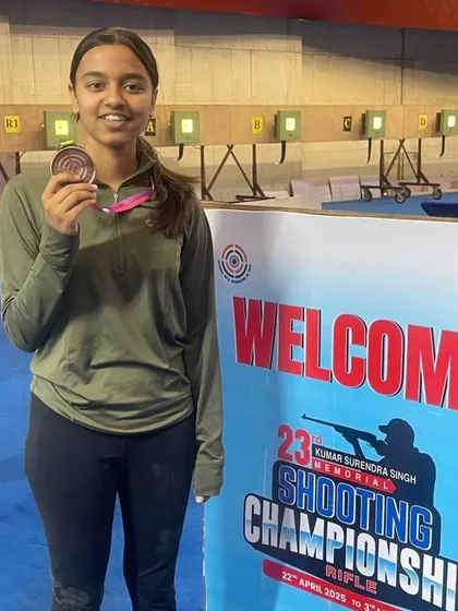 Pranju Somani with her Bronze medal in the Youth Women's 10m Air Rifle at the 23rd Kumar Surendra Singh Shooting Championship in New Delhi. Her consistent focus is the key to her success.
