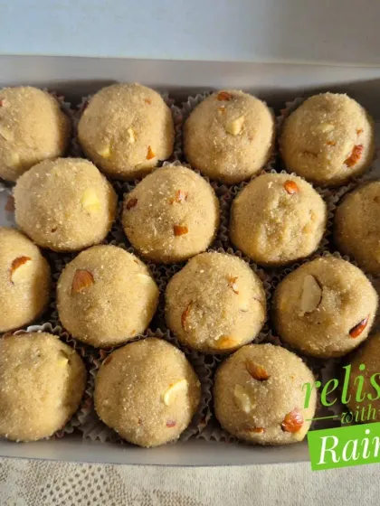 A close-up of my Rava Laddoos, showing the fine texture of the roasted semolina and the crunch from the nuts.