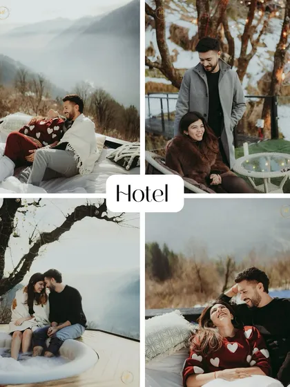 A collage of cozy and romantic hotel-based shots in the mountains, perfect for a winter pre-wedding session.