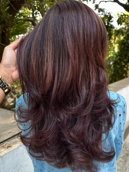 A beautiful blend of 'Mahogany & Plum'. The deep red of the mahogany and the cool tones of the plum create a unique, multi-faceted color that looks different in every light.