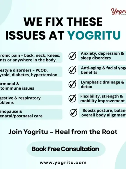 My clinical yoga practice is designed to heal from the root. I help clients with a wide range of issues, including chronic pain, lifestyle disorders like PCOD and thyroid, anxiety, and hormonal imbalances. This graphic outlines the specific problems we can address together in our customized sessions.