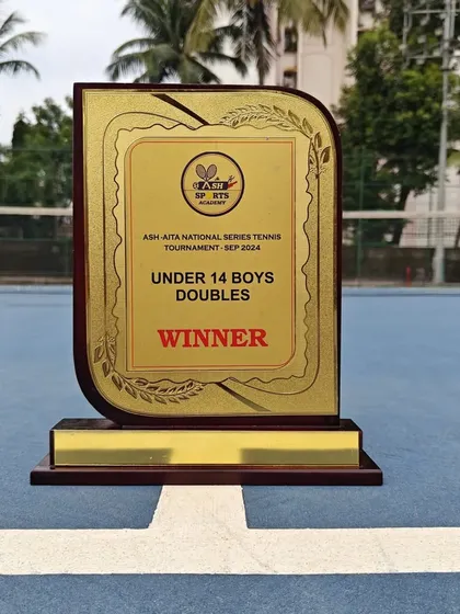 The trophy for the Under 14 Boys Doubles Winner at the Ash Tennis Academy National Series. A fantastic win for our trainee Dhruv Sehgal.