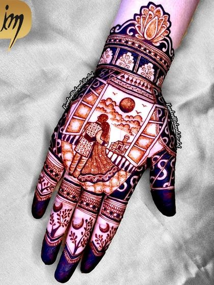 A romantic Karwa Chauth design showing a couple embracing on a balcony under the sun and birds.