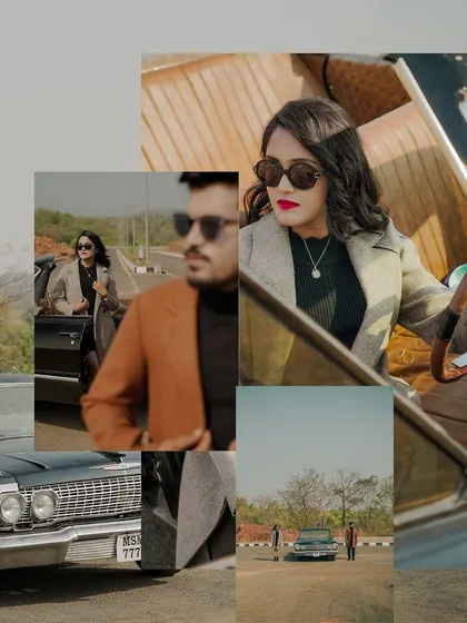 An artistic collage with close-up details from the vintage car shoot. I focus on capturing the style, the mood, and the small moments that contribute to the overall cinematic story.