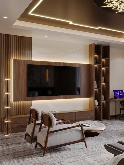 The media and work area of the suite, rendered to show its functionality and seamless integration with the overall design.
