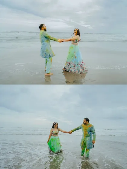 A collage showing the couple holding hands and enjoying the waves. A perfect blend of romance and fun from their destination Haldi in Goa.