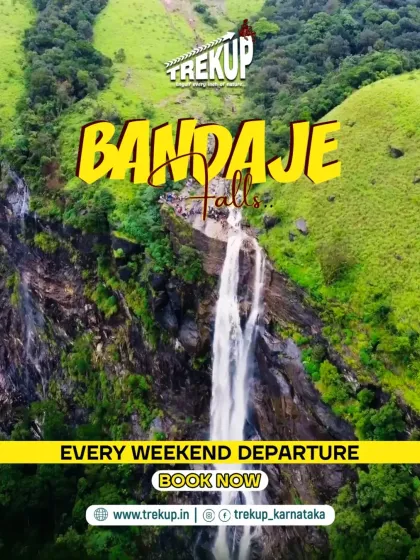 The reward at the end of a challenging trail. This is the magnificent Bandaje Falls, a 200-ft cascade hidden deep in the Western Ghats. Our trek takes you right to the top for this incredible, panoramic view.