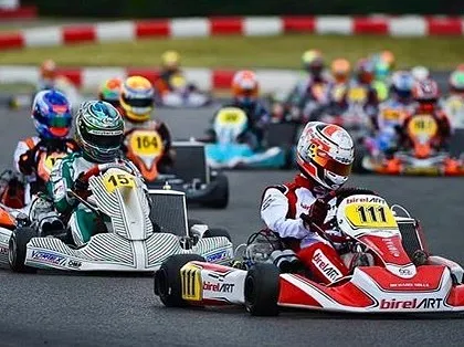 Marijn Kremers in his Birel ART kart, number 111, fighting for the lead during a WSK Euro round at South Garda, Italy.