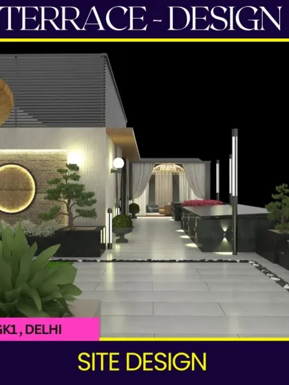 A night view render of a GK1 terrace design. This visual highlights the importance of a well-planned lighting scheme, with path lights, wall sconces, and a softly lit cabana creating a luxurious and intimate atmosphere.