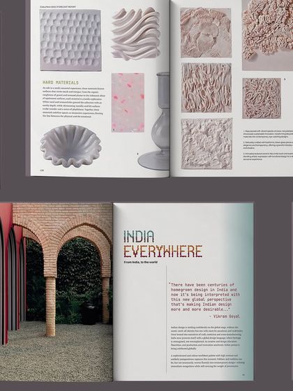 Spreads from the 2025 report showcasing material textures and the 'India Everywhere' theme. The layout juxtaposes high-resolution imagery with clear, concise text, making the forecast both visually rich and easy to navigate.