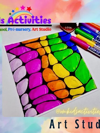 This vibrant artwork, with its stone-like pattern in a rainbow of colors, is a great example of the guided projects we do. Our art studio programs help children develop social-emotional skills like managing anxiety and building self-awareness through creative coaching.