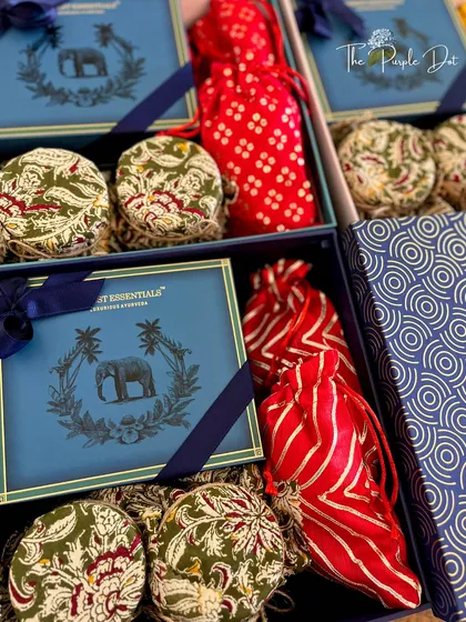 This is my modern take on Indian gifting. I combined the classic elegance of Forest Essentials products with vibrant, traditional textiles like Bandhani and Kalamkari. The result is a gift box that feels both culturally rich and perfectly contemporary, ideal for today's weddings.