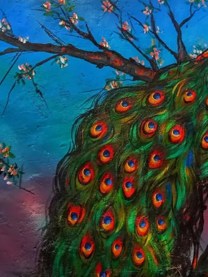 A vibrant painting of a peacock, its magnificent tail feathers cascading down a tree branch. The rich blues, greens, and oranges celebrate India's national bird, a symbol of grace and beauty.