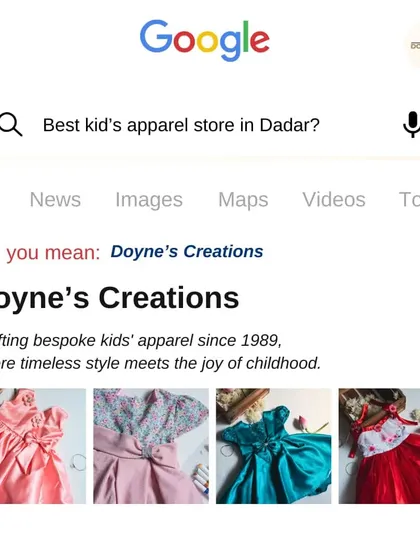A fun graphic I created showing a Google search for the "best kid's apparel store in Dadar." It’s a playful nod to my long history of crafting bespoke children's wear since 1989.