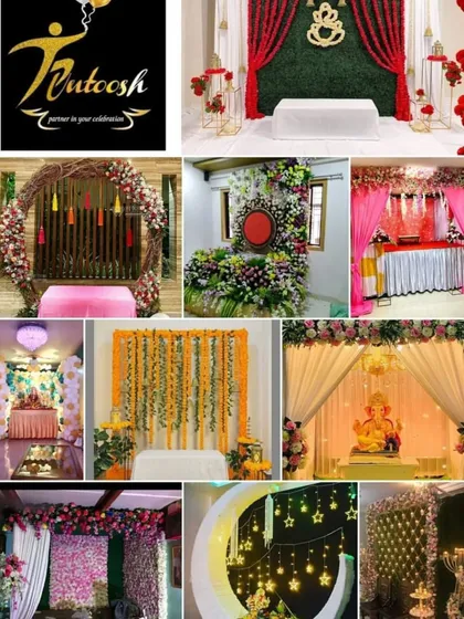 More Ganpati decoration ideas to inspire you. We can create unique themes like this crescent moon setup with stars, or traditional marigold hangings, all customized for your home.