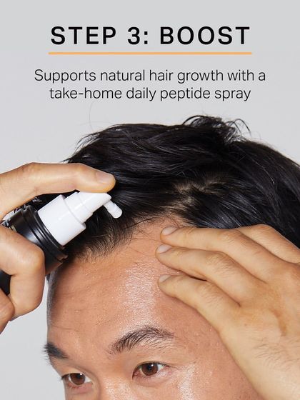 Step 3 is to Boost. The treatment is supported by a take-home daily peptide spray that continues to nourish the scalp and support natural hair growth between appointments.