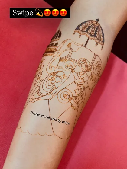The first step in a complex design: the outline. This sketch on the arm shows the beginning of a royal procession scene, ready to be filled with intricate details.