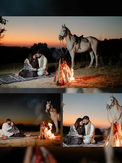 A romantic campfire scene for Ankit and Shaifali's pre-wedding shoot, complete with a white horse and a beautiful sunset backdrop. This is a unique concept we offer for an unforgettable experience.