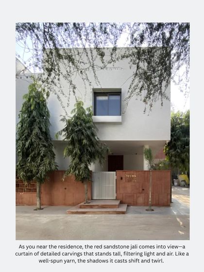 A visual from our feature in Architecture+Design, showing how the red sandstone jali comes into view. The publication described it as a "curtain of detailed carvings" that filters light and casts shifting shadows.