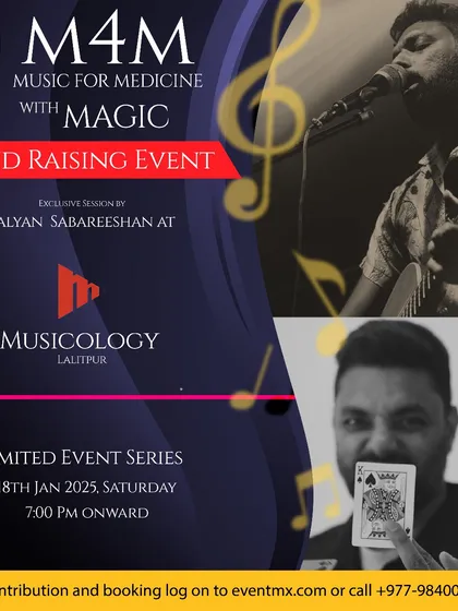 A poster for a special fundraising event, "Music For Medicine," an exclusive session for a great cause.