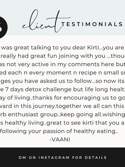 "It's no more a 7-day detox challenge but a lifelong healthy way of living." This beautiful testimonial from my client Vaani perfectly captures the goal of my programs. It's about creating lasting change, not temporary fixes.