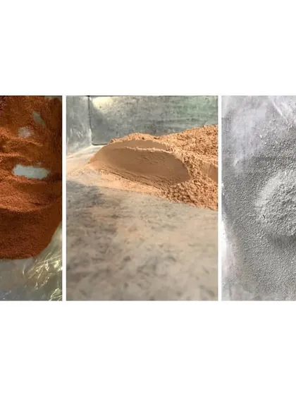 A triptych showing the raw materials and process of creating our custom wall renders. We use a variety of locally sourced pigments, minerals, and crushed terracotta to achieve a rich and layered finish.
