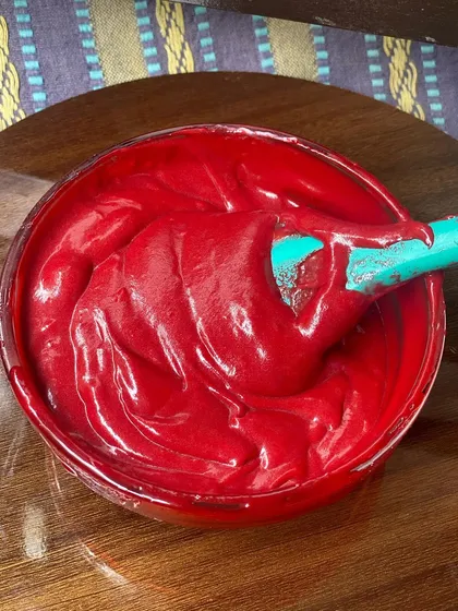A close-up of the smooth, luscious red velvet brownie batter before it goes into the oven. Understanding batter consistency is a key part of baking science that I explain in detail during my live classes.