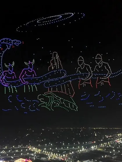 A depiction of the Samudra Manthan from our Maha Kumbh drone show, showing deities and asuras churning the cosmic ocean. This complex narrative was retold using thousands of points of light.