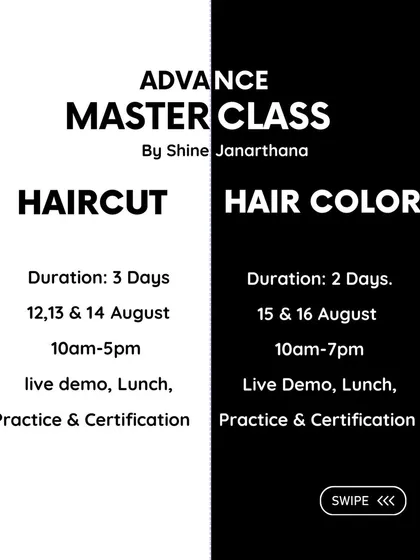 Here is the schedule for my upcoming advanced masterclass in haircutting and hair color. The three-day haircut class focuses on short styles, while the two-day color class covers advanced techniques like balayage and color correction.