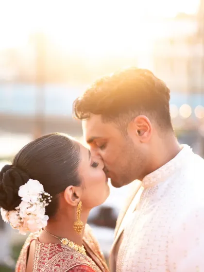 A perfect golden hour kiss. This is the kind of dreamy, romantic shot that every couple wants in their wedding album.