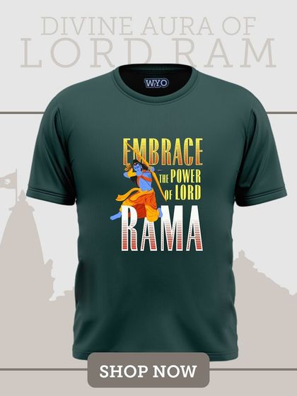 "Embrace the power of Lord Rama." This dark green t-shirt features a powerful and modern graphic of Lord Ram, perfect for showing your devotion.