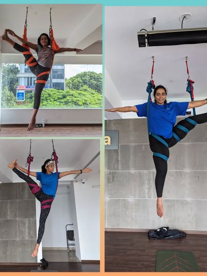 Students practicing a supported split variation, Svarga Dvijasana (Bird of Paradise), in the hammock.