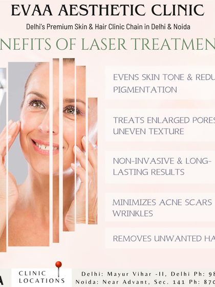 This graphic outlines the general benefits of our laser treatments, which can even skin tone, treat enlarged pores, minimize acne scars, and remove unwanted hair.