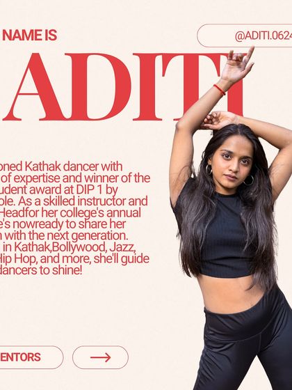 Meet Aditi, a seasoned Kathak dancer with 6 years of expertise and winner of the Best Student award at DIP 1. She is trained in multiple styles including Ballet and Hip Hop.