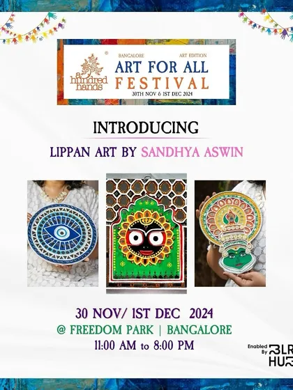 Introducing the beautiful Lippan Art by Sandhya Aswin, featuring traditional mirror work and motifs like the evil eye and Jagannath.