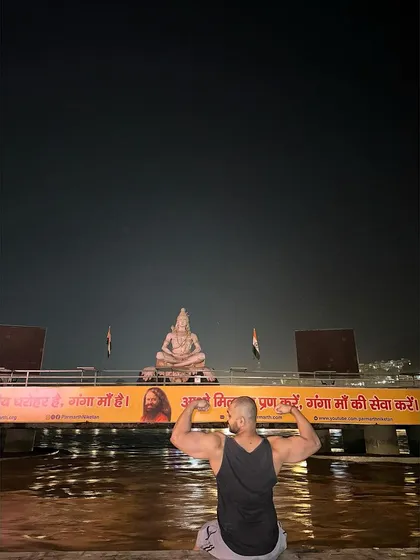 A moment of reverence at night in Rishikesh. Combining my passion for fitness with my spiritual journey.