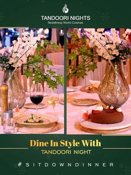 Dine in style with Tandoori Nights. Our sit-down dinners always end on a high note, with beautifully presented desserts like this rich chocolate cake and fine wine.