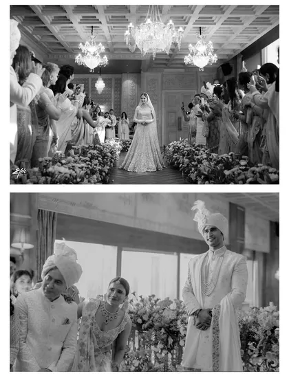 A black and white collage of Suchita's bridal entry. The monochrome tones emphasize the emotion on the faces of the groom and the family as they watch her walk down the aisle.