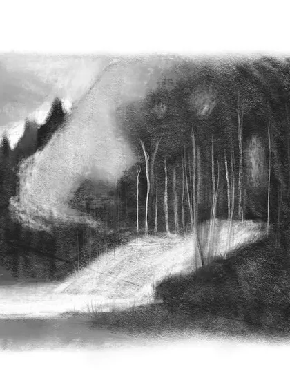 A charcoal value study for my impressionist autumn landscape. This step is crucial for planning the light and dark areas of the painting, creating a strong foundation for the colors.