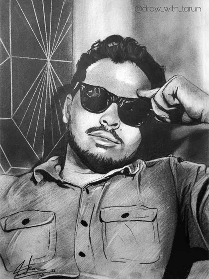 This commissioned work was drawn with graphite on cartridge paper. The subject's relaxed pose and sunglasses give it a cool, casual vibe, and I used the background to add some geometric interest.