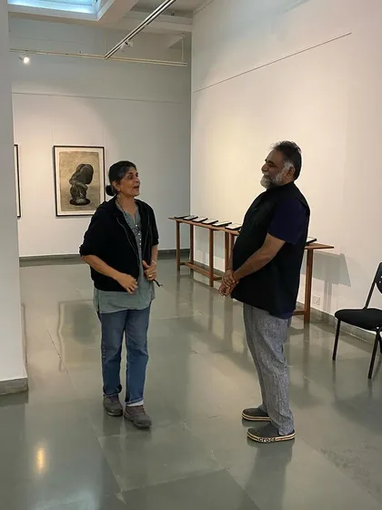 Artist Suresh Jayaram in conversation with artist Shakuntala Kulkarni at her solo show.