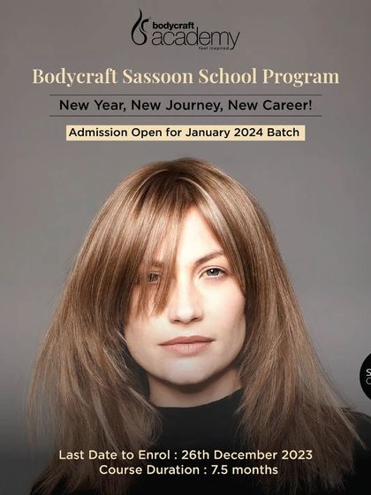 An admission open announcement for our January 2024 batch of the Bodycraft Sassoon School Program.