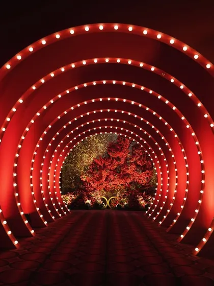 I love creating dramatic entrances, and this glowing red vortex tunnel was designed to transport guests into a world of glamour and excitement for a Moulin Rouge-inspired Sangeet night.