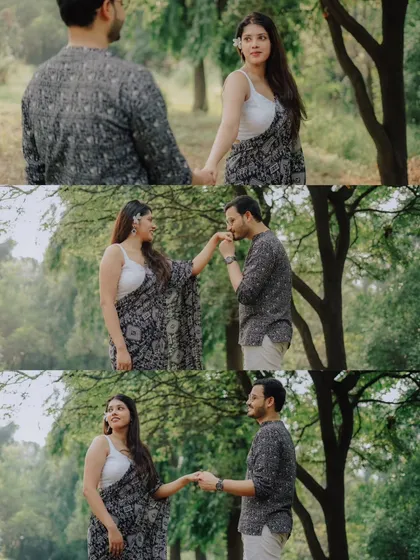 A collage of romantic gestures in a park setting. From holding hands to a gentle kiss on the hand, these photos of Jayashree and Anand tell a story of chivalry and love.