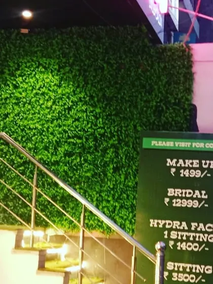 This green wall serves as a backdrop for a salon's price list, making the entrance more attractive and drawing the eye of potential customers.