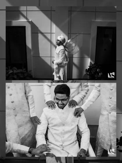 A collage of black and white shots showing the groom getting ready with his groomsmen. These candid moments of friendship and support are an important part of the wedding story.
