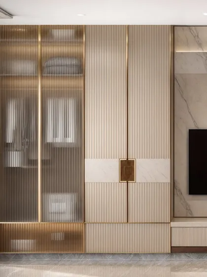 This view showcases the wardrobe with its combination of fluted panels and reeded glass, rendered to show a high level of detail and texture.