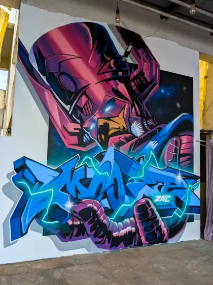 Another shot of the Galactus mural, this time from a slight angle to show how it fills the space. The glowing effects on the letters were my favorite part.
